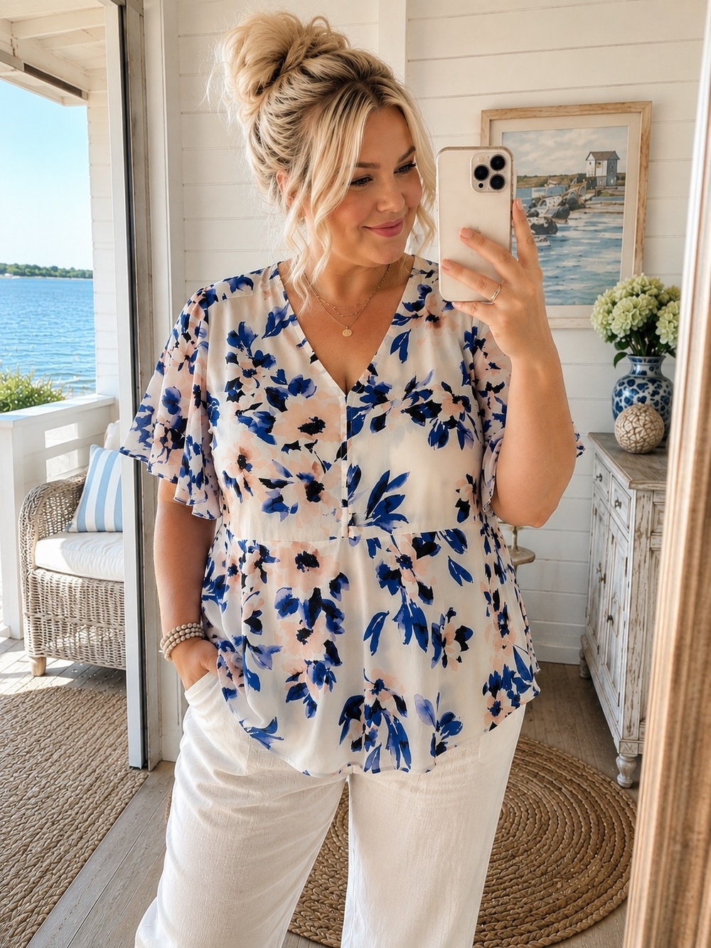 TORRID Floral V-Neck Ruffle Sleeve Blouse - Blue & Blush - Picture 2 of 8